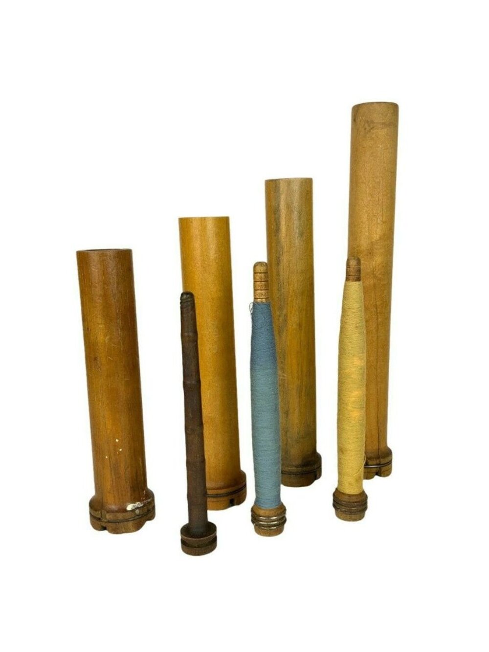 Vintage Wooden Industrial Bobbin Thread Textile Spools Lot Of 7 Rustic Decor